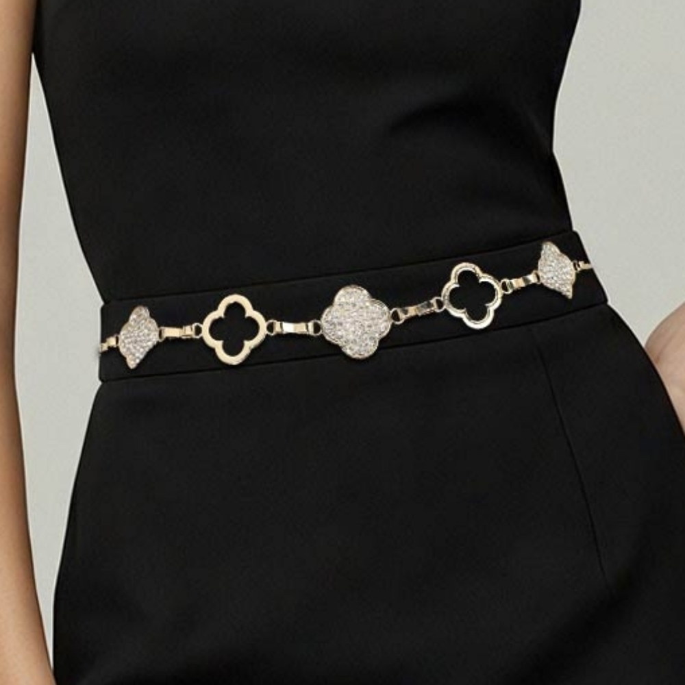 Gold Rhinestone Quatrefoil Clover Charm Chain Link Belt Statement Accessory